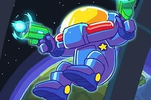 Un astronaut desen animat, purtând un costum spațial albastru și galben, ține o armă laser verde în spațiu, cu planeta Pământ vizibilă pe fundal