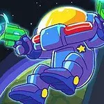 Un astronaut desen animat, purtând un costum spațial albastru și galben, ține o armă laser verde în spațiu, cu planeta Pământ vizibilă pe fundal