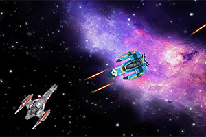 Două nave spațiale colorate zburând printr-un fundal cosmic cu stele și o nebuloasă vibrantă