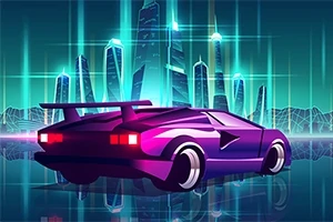 Mașină sport purpurie într-un peisaj futurist cu clădiri iluminante