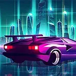 Mașină sport purpurie într-un peisaj futurist cu clădiri iluminante