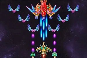 Nave spațiale și creaturi zburătoare colorate într-un peisaj cosmic întunecat