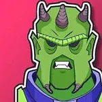 Un personaj verde cu mai multe coarne scurte și o expresie furioasă, pe un fundal roz
