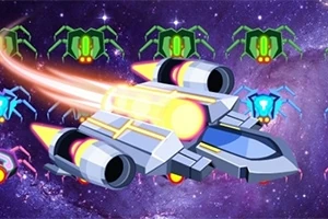 Nave spațială futuristă zburând printr-un câmp de extratereștri colorați, pe fundalul unui cer stelar