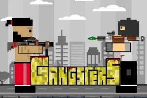 Doi personaje pixelate înarmate se confruntă deasupra unui logo galben sângerând, pe un fundal urban monocrom