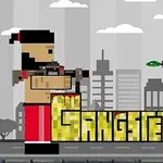 Doi personaje pixelate înarmate se confruntă deasupra unui logo galben sângerând, pe un fundal urban monocrom