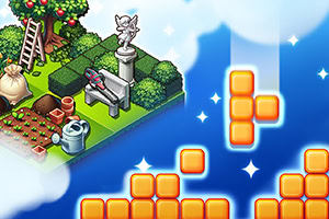 Grădină virtuală cu bancă și statuie alături de piese blocuri pe un fundal albastru cu nori și stele