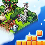 Grădină virtuală cu bancă și statuie alături de piese blocuri pe un fundal albastru cu nori și stele