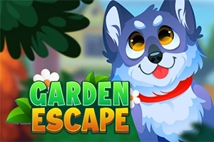 Un câine animat, cu blană albastră și albă, poartă o zgardă roșie și este înconjurat de verdeață, cu titlul Garden Escape în prim-plan