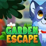 Un câine animat, cu blană albastră și albă, poartă o zgardă roșie și este înconjurat de verdeață, cu titlul Garden Escape în prim-plan