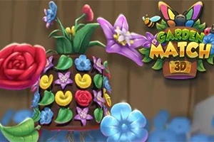 Ghiveci decorativ cu flori colorate, înconjurat de fluturi și sigla Garden Match 3D