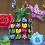 Ghiveci decorativ cu flori colorate, înconjurat de fluturi și sigla Garden Match 3D