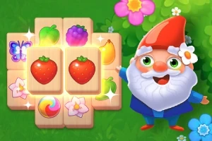Piticot animat cu pălărie roșie și barbă, înconjurat de blocuri cu imagini de fructe și flori pe un fundal verde