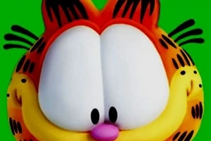 Un personaj de desene animate cu fața portocalie, mai multe pete negre, mustăți și ochi mari, pe un fundal verde