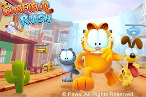 Garfield, un câine și o pisică aleargă pe o stradă animată, într-un oraș cu clădiri colorate și un cactus verde