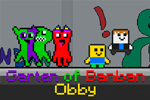 Personaje pixelate colorate pe un fundal gri, cu textul Garten of Banban Obby în partea de jos