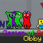 Personaje pixelate colorate pe un fundal gri, cu textul Garten of Banban Obby în partea de jos