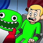 Un personaj animat poartă un costum verde stând pe un scaun, cu o expresie surprinsă, în timp ce o altă figură animată, îmbrăcată în roșu, ține o mască verde cu ochi mari și gură larg deschisă
