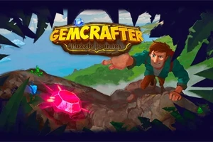 Un tânăr aventurier întinde mâna spre un cristal roz strălucitor pe o potecă stâncoasă, înconjurat de vegetație luxuriantă, cu titlul Gemcrafter: Puzzle Journey deasupra