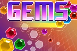 Cuvântul GEMS stilizat pe un fundal colorat cu pietre prețioase multicolore și hexagoane