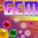 Cuvântul GEMS stilizat pe un fundal colorat cu pietre prețioase multicolore și hexagoane