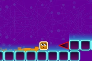 Un pătrat cu față se află pe o platformă albastră cu contururi luminoase, pe un fundal violet cu modele geometrice și o săgeată roșie indicând spre dreapta