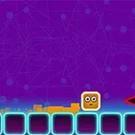 Un pătrat cu față se află pe o platformă albastră cu contururi luminoase, pe un fundal violet cu modele geometrice și o săgeată roșie indicând spre dreapta