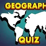 Harta stilizată a lumii cu textul Geography Quiz deasupra și dedesubt