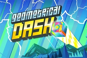 Text stilizat Geometrical Dash pe fundal abstract cu linii și un cub colorat în mișcare