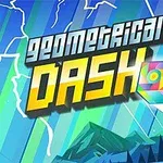 Text stilizat Geometrical Dash pe fundal abstract cu linii și un cub colorat în mișcare