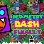Pătrat violet cu chip desenat, înconjurat de modele geometrice colorate și text Finally