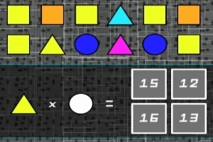 Forme geometrice colorate și numere într-un design de puzzle logic, cu forme aliniate în partea de sus și un calcul cu opțiuni numerice în partea de jos