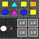 Forme geometrice colorate și numere într-un design de puzzle logic, cu forme aliniate în partea de sus și un calcul cu opțiuni numerice în partea de jos