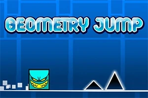 Un pătrat albastru cu față zâmbitoare, două triunghiuri negre și textul Geometry Jump pe un fundal albastru