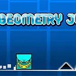 Un pătrat albastru cu față zâmbitoare, două triunghiuri negre și textul Geometry Jump pe un fundal albastru