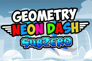 Text „Geometry Neon Dash Subzero” colorat și stilizat pe un fundal cu nuanțe de albastru și alb, având aripi la litere