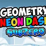 Text „Geometry Neon Dash Subzero” colorat și stilizat pe un fundal cu nuanțe de albastru și alb, având aripi la litere
