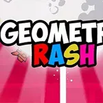 Textul „Geometry Rash” pe un fundal cu raze roșii și albe