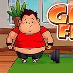 Personaj animat într-o sală de sport, lângă o ganteră, cu textul „GET FIT” în fundal