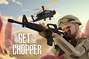 Un personaj cu armă în mână și un elicopter în fundal pe un cer senin, cu text stilizat Get to the Chopper