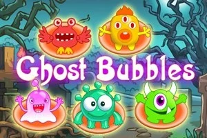 Fundal înspăimântător cu cinci monștri colorati și textul Ghost Bubbles în centru