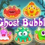 Fundal înspăimântător cu cinci monștri colorati și textul Ghost Bubbles în centru