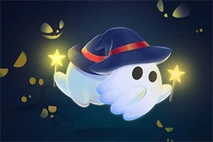 Fantomiță drăguță purtând o pălărie de vrăjitor și ținând bastoane luminoase, pe un fundal întunecat cu ochi sclipitori