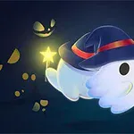 Fantomiță drăguță purtând o pălărie de vrăjitor și ținând bastoane luminoase, pe un fundal întunecat cu ochi sclipitori