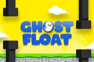 Textul Ghost Float cu un font albastru pe un fundal galben, decorat cu nori și țevi negre care se extind vertical