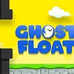 Textul Ghost Float cu un font albastru pe un fundal galben, decorat cu nori și țevi negre care se extind vertical