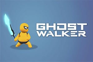 Personaj animat galben cu mască, ținând o sabie strălucitoare, pe fundal albastru, lângă textul Ghost Walker