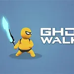 Personaj animat galben cu mască, ținând o sabie strălucitoare, pe fundal albastru, lângă textul Ghost Walker