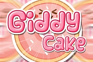 Text roz Giddy Cake peste o ilustrație de tort sau prăjitură cu fundal colorat
