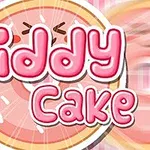 Text roz Giddy Cake peste o ilustrație de tort sau prăjitură cu fundal colorat